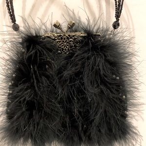 Ostrich 🖤 Feather Black Crystal Rhinestone Pearl Detail Beaded Trim Top Handle